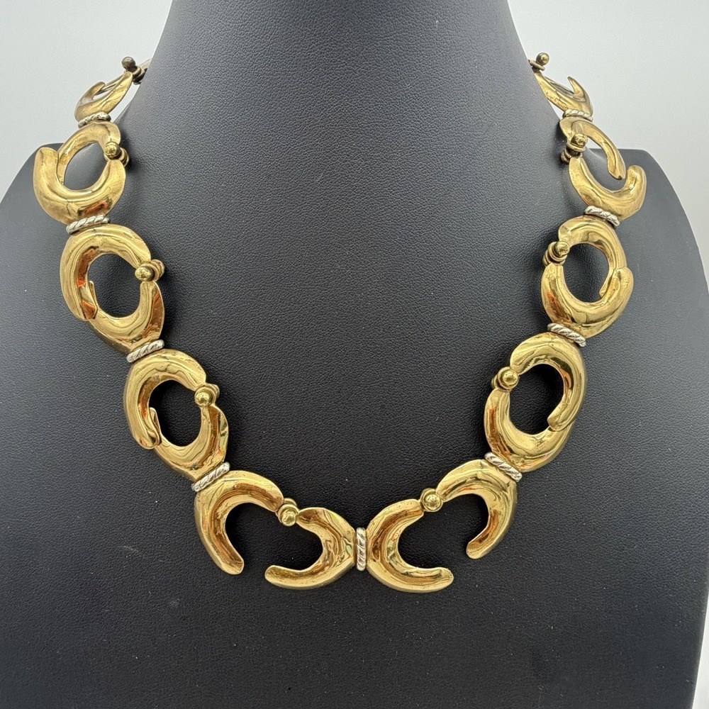 Vtg IXEL Necklace Handcrafted Mexican Brass Crescent Moon Brutalist Modernist 80